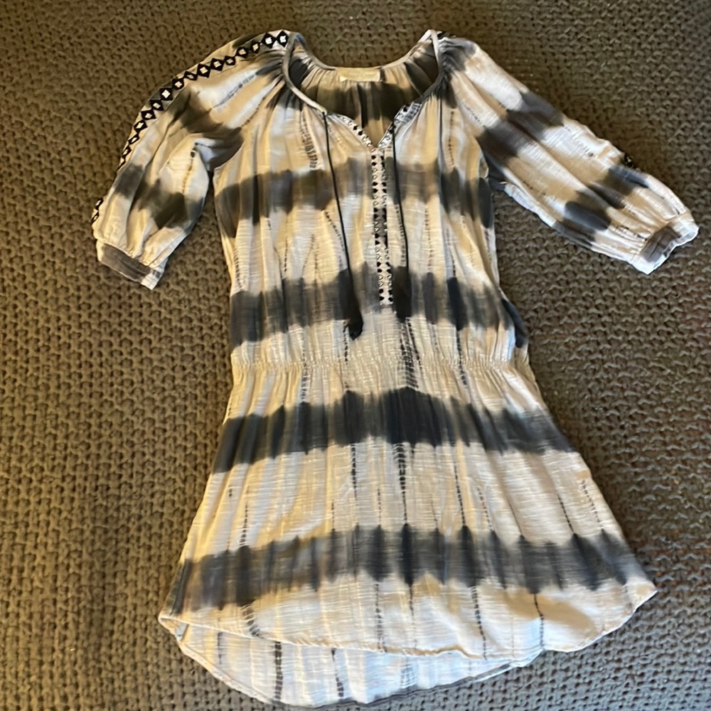 Light and dark blue striped summer dress with tassels and patterned 3/4 sleeves